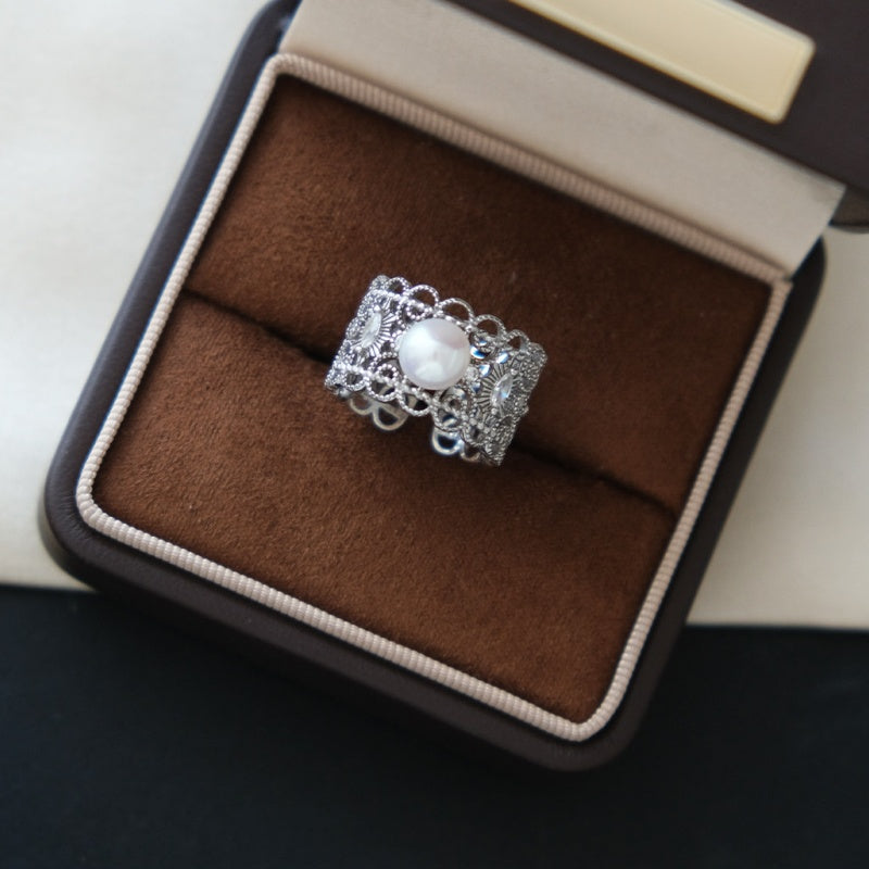 Filigree Pearl Ring | Vintage Lace Silver Statement Band