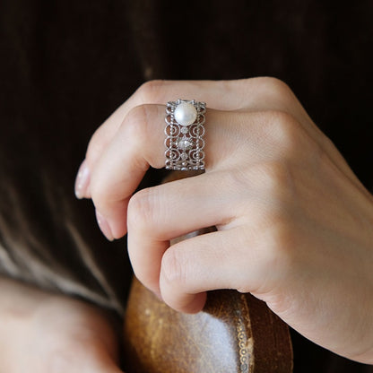 Filigree Pearl Ring | Vintage Lace Silver Statement Band