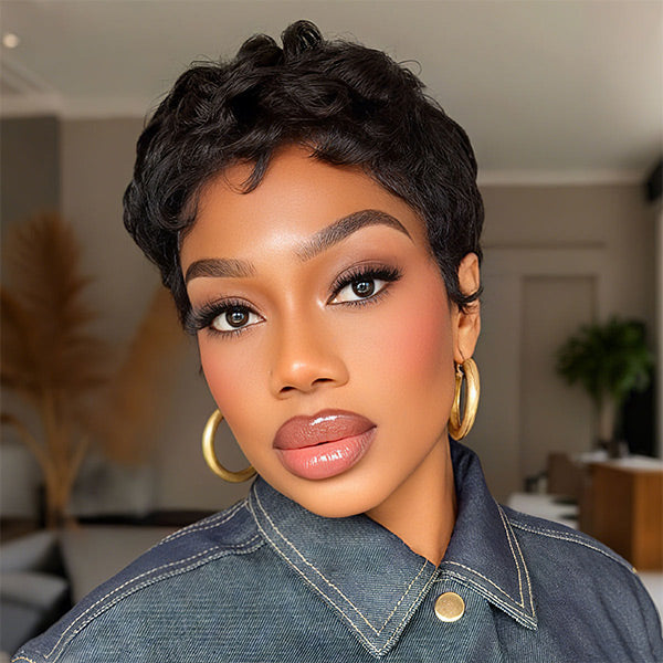 Pixie Wig Pre-styled Human Hair Machine Made Short Curly Wigs Beginner Friendly