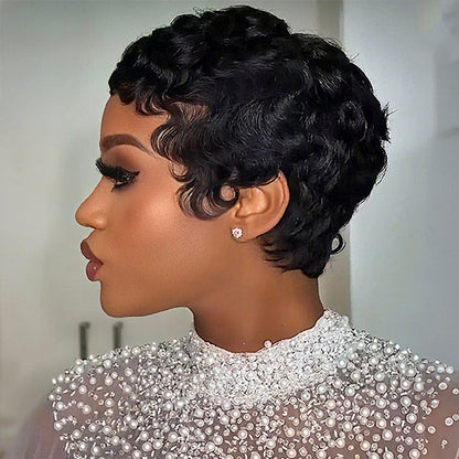 Pixie Wig Pre-styled Human Hair Machine Made Short Curly Wigs Beginner Friendly