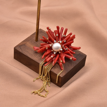 Sea Bamboo Tassel Flower Natural Pearl Brooch