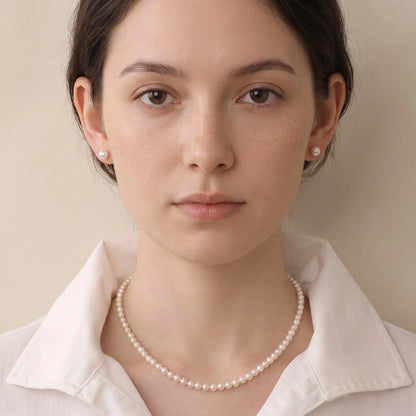 18K Solid Gold Dainty Pearl Jewelry Set | 5-5.5mm Pearl Necklace & 5-5.5mm Freshwater Studs