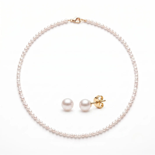 18K Solid Gold Dainty Pearl Jewelry Set | 5-5.5mm Pearl Necklace & 5-5.5mm Freshwater Studs