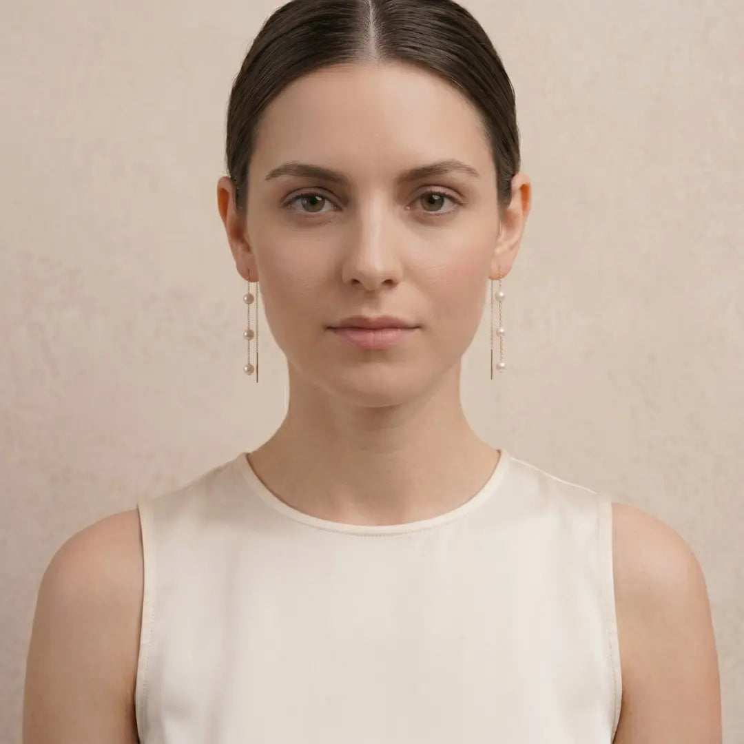 18K Gold Akoya Pearl Three Stone Drop Threader Earrings
