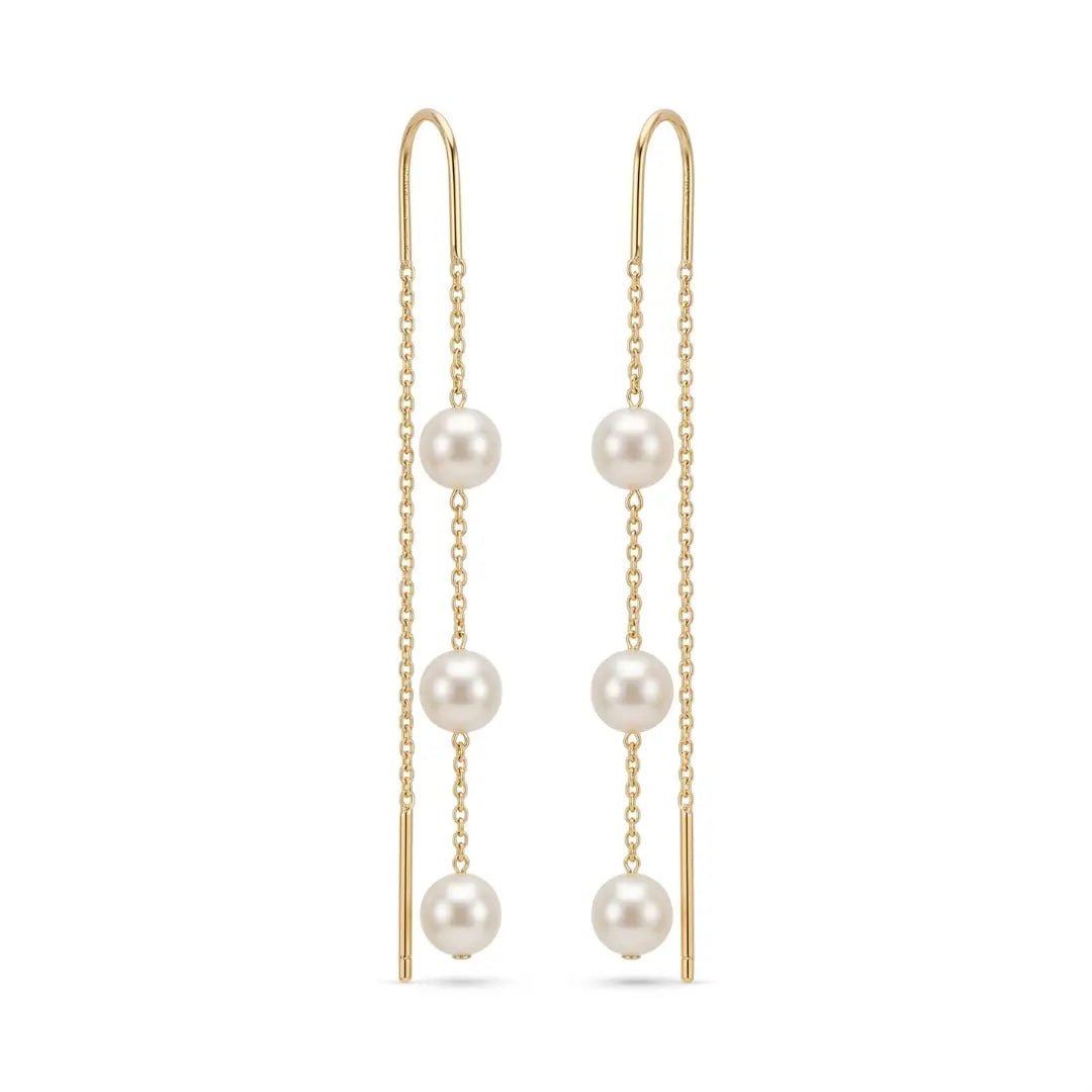 18K Gold Akoya Pearl Three Stone Drop Threader Earrings