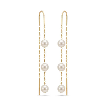 18K Gold Akoya Pearl Three Stone Drop Threader Earrings