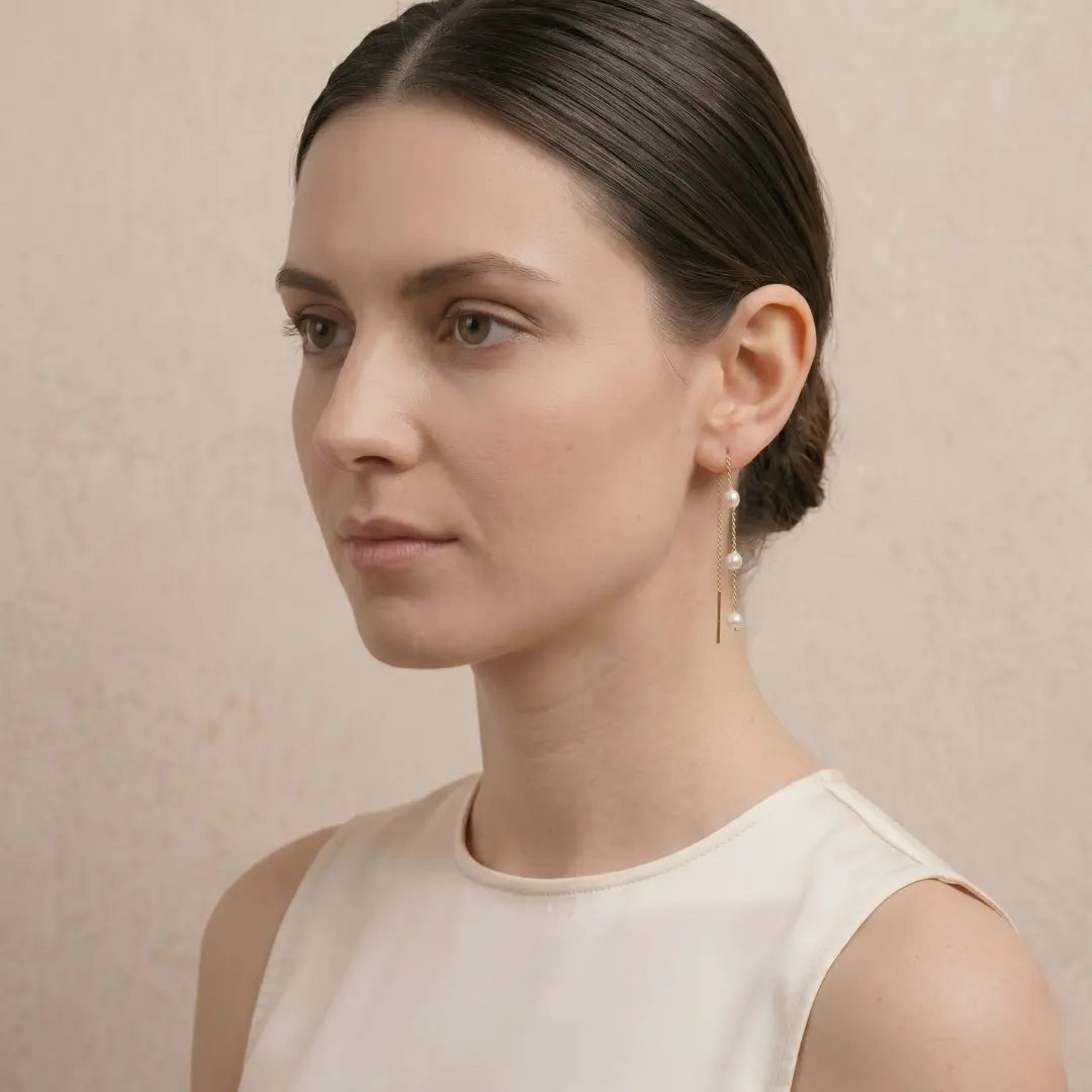 18K Gold Akoya Pearl Three Stone Drop Threader Earrings