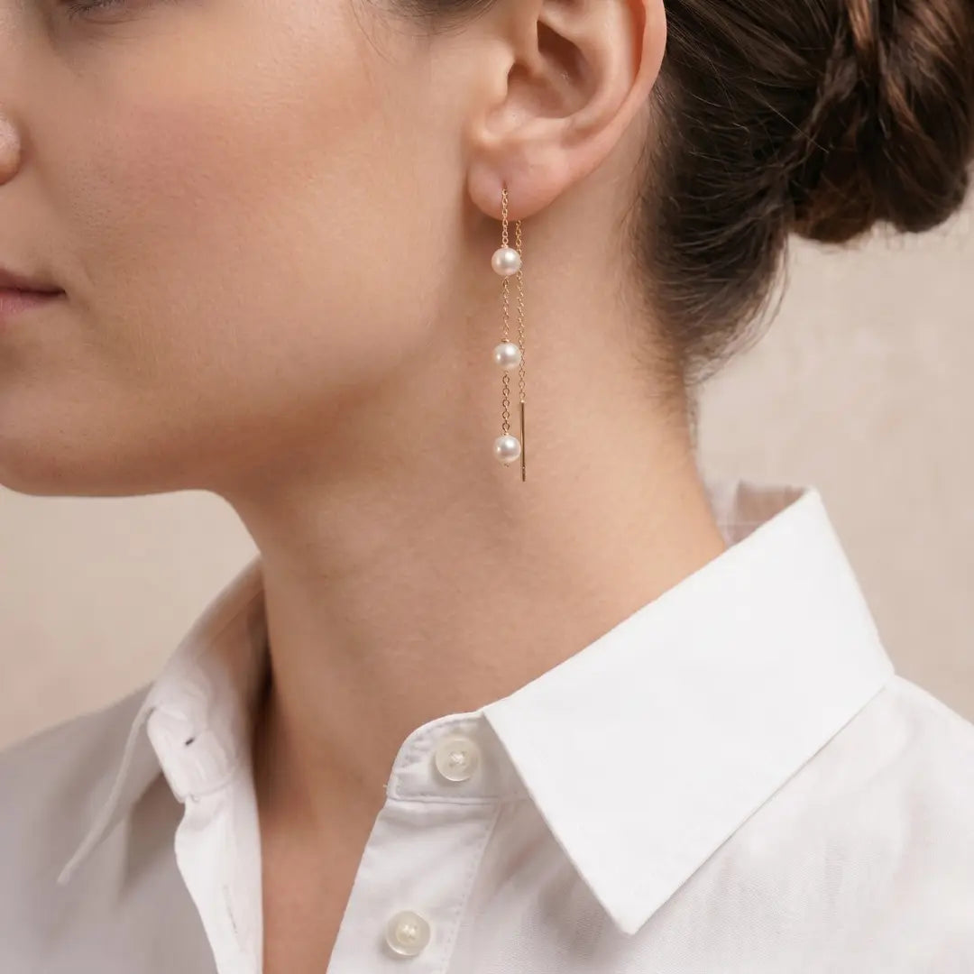 18K Gold Akoya Pearl Three Stone Drop Threader Earrings