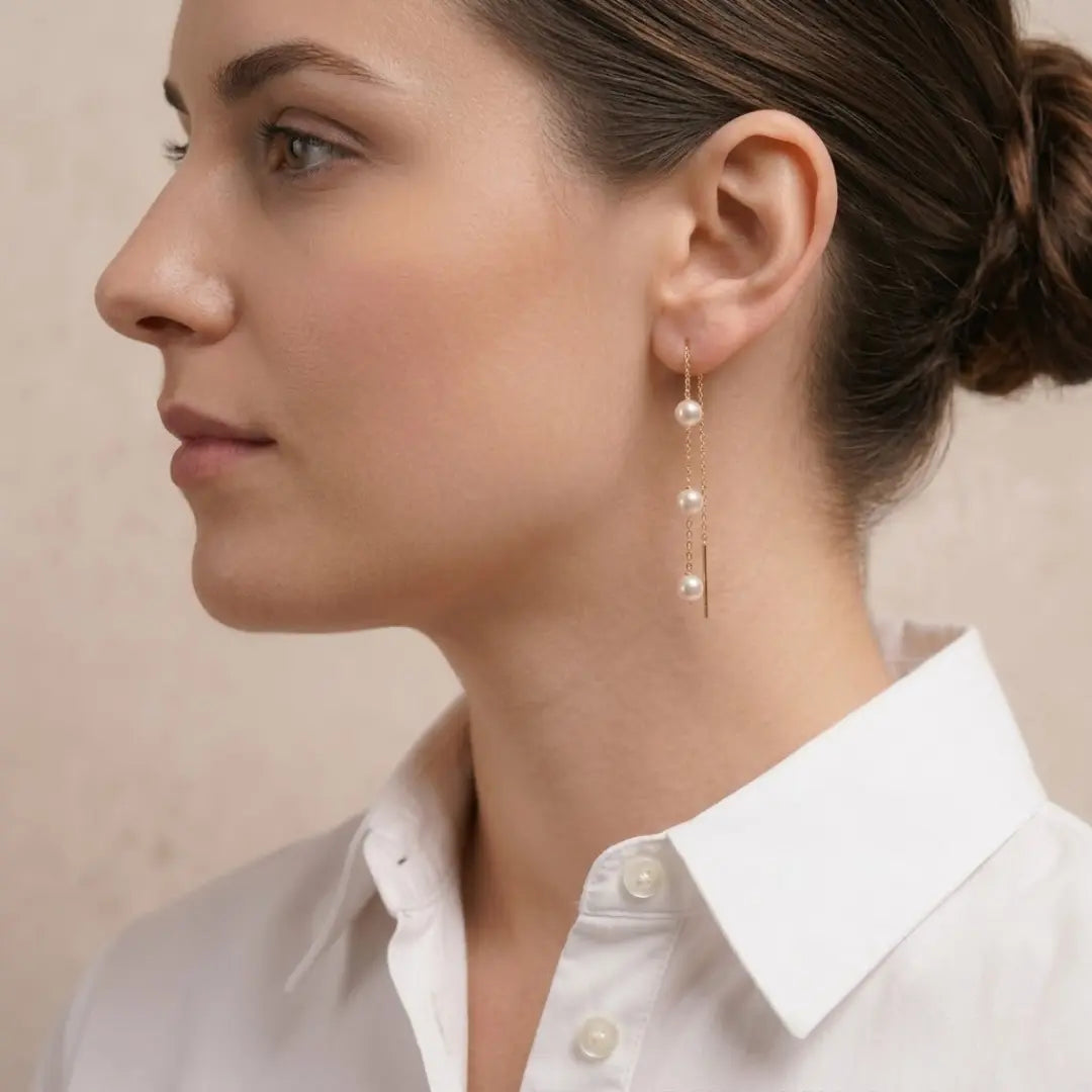 18K Gold Akoya Pearl Three Stone Drop Threader Earrings