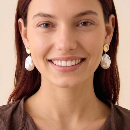 18K Gold Plated Brushed Disc Baroque Pearl Drop Earrings