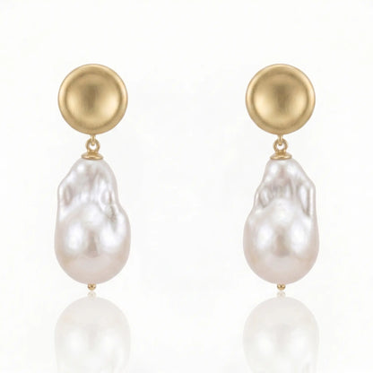 18K Gold Plated Brushed Disc Baroque Pearl Drop Earrings