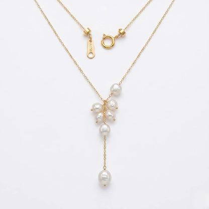 18K Solid Gold Baroque Pearl Lariat Necklace for Women Wedding Bridal Jewelry