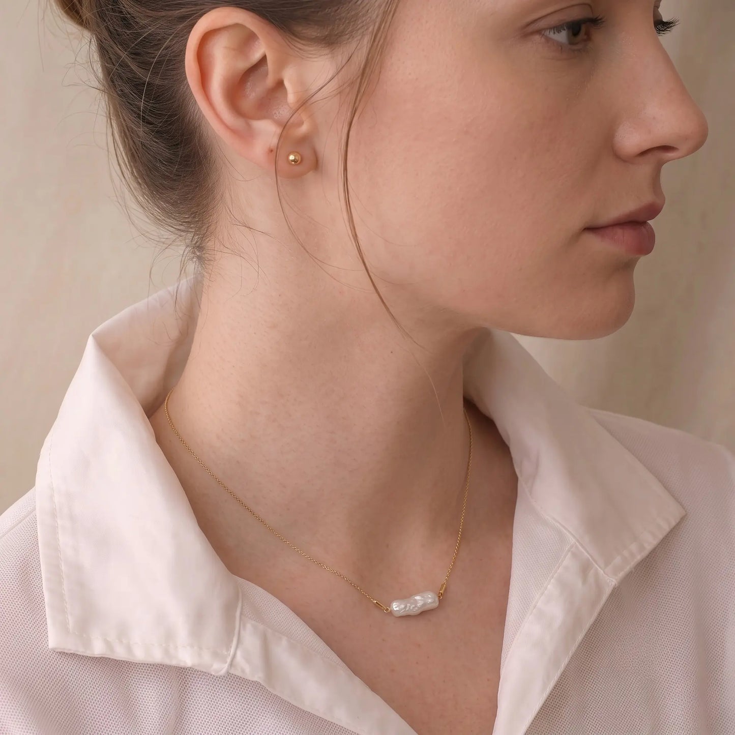 18K Solid Gold Biwa Baroque Pearl Station Necklace