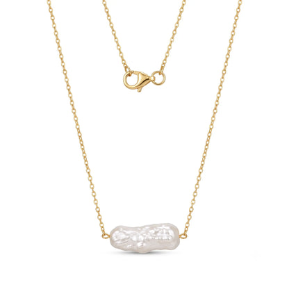 18K Solid Gold Biwa Baroque Pearl Station Necklace