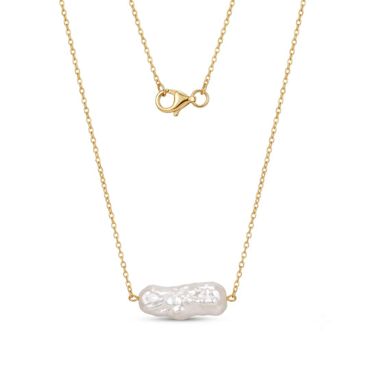 18K Solid Gold Biwa Baroque Pearl Station Necklace