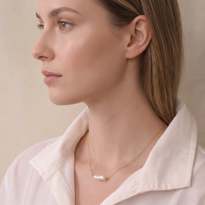18K Solid Gold Biwa Baroque Pearl Station Necklace