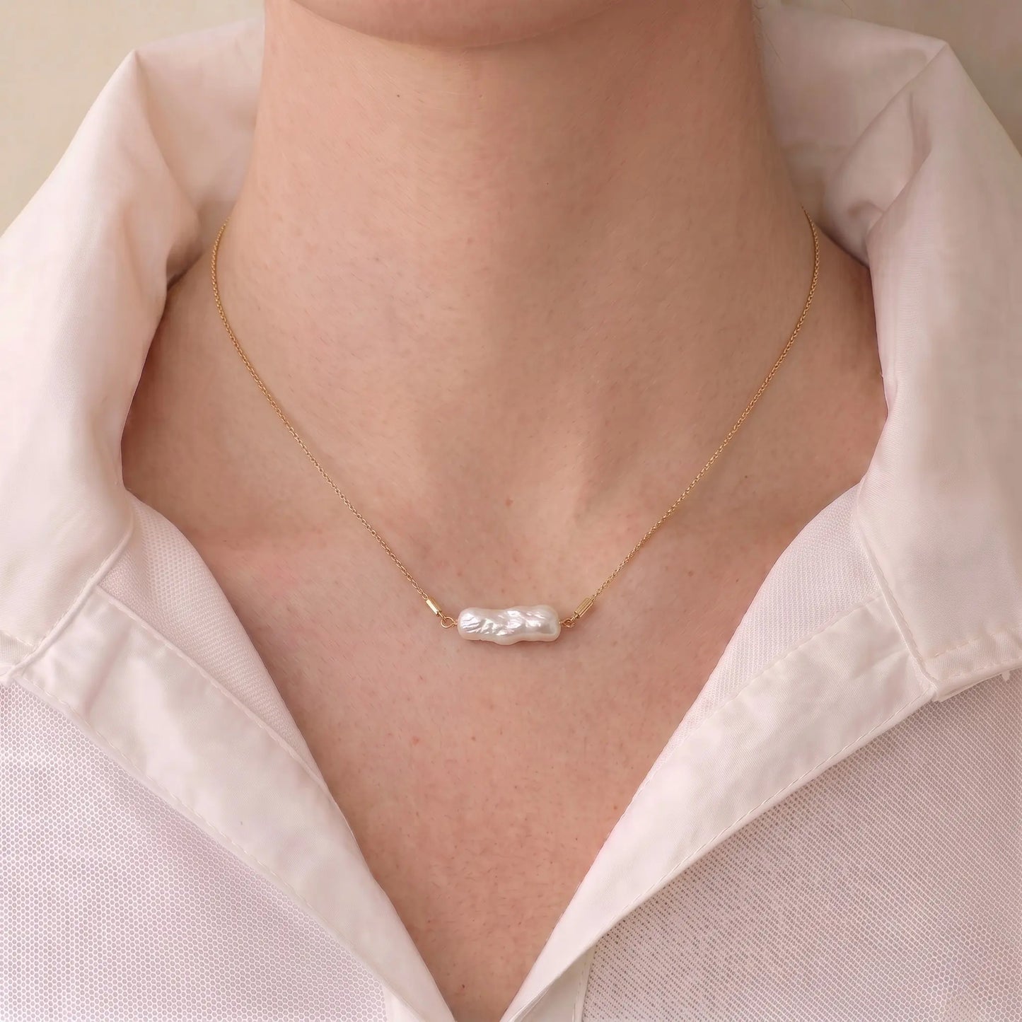 18K Solid Gold Biwa Baroque Pearl Station Necklace