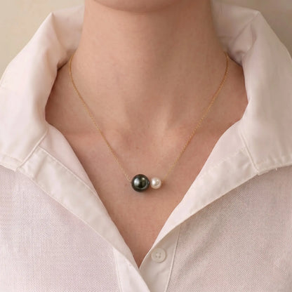 18K Gold Tahitian Black & Akoya White Pearl Necklace, Mixed Sea Pearl Jewelry