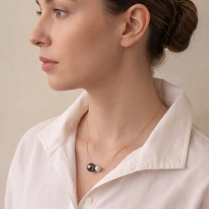 18K Gold Tahitian Black & Akoya White Pearl Necklace, Mixed Sea Pearl Jewelry