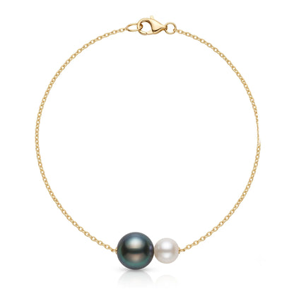 18K Gold Tahitian Black & Akoya White Pearl Necklace, Mixed Sea Pearl Jewelry
