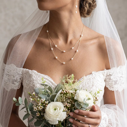 18K Solid Gold Double Layer Natural Rice Pearl Necklace for Wedding