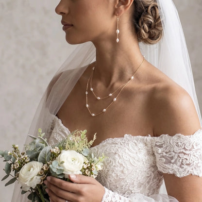 18K Solid Gold Double Layer Natural Rice Pearl Necklace for Wedding