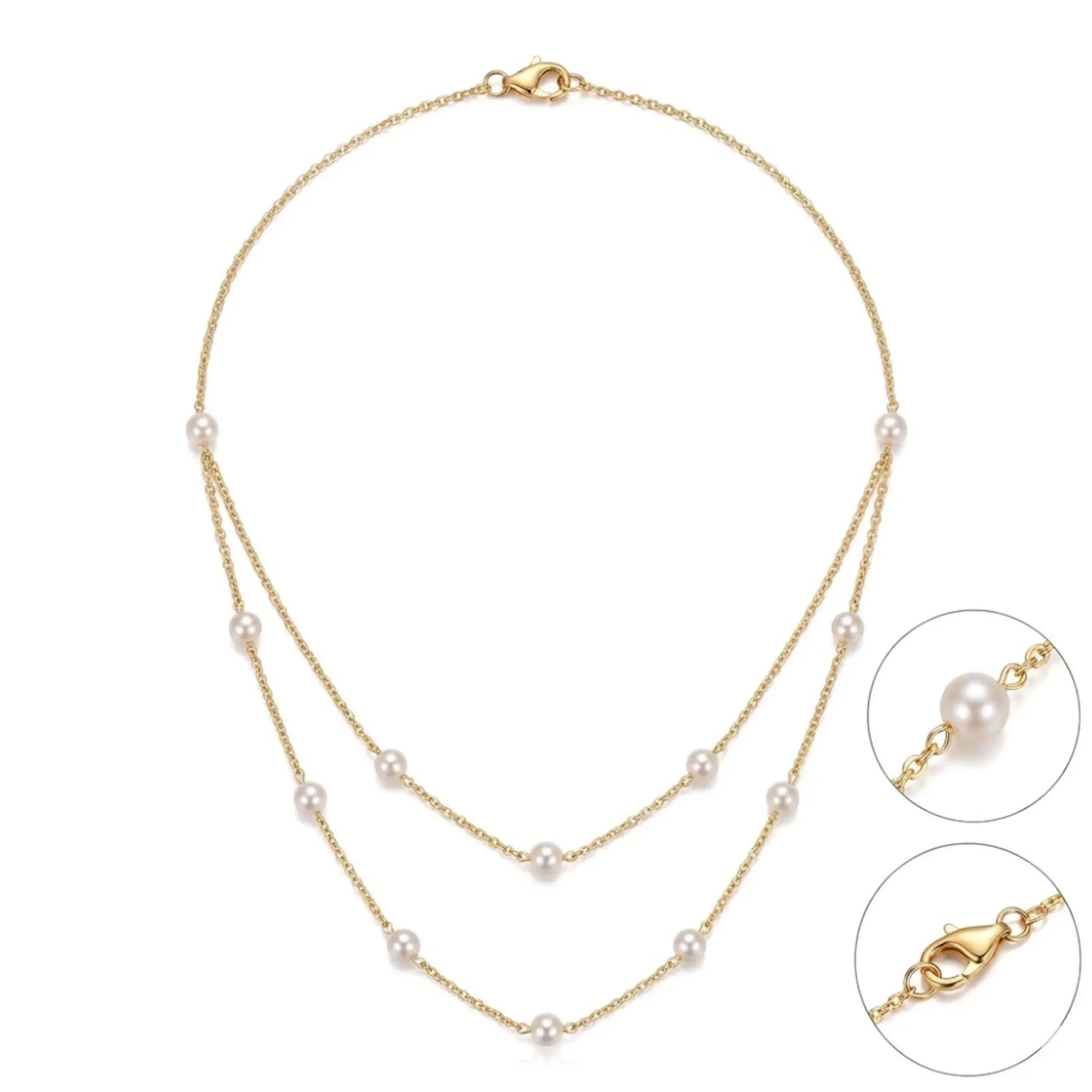 18K Solid Gold Double Layer Natural Rice Pearl Necklace for Wedding