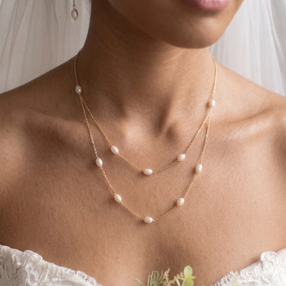 18K Solid Gold Double Layer Natural Rice Pearl Necklace for Wedding