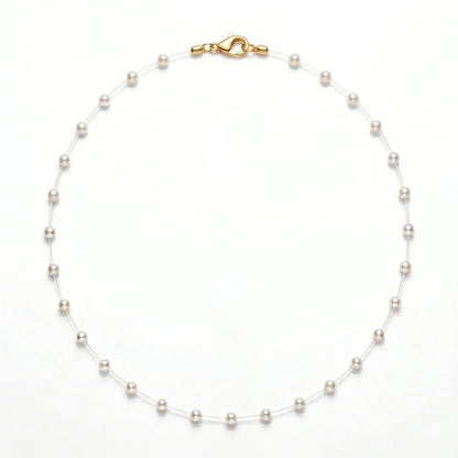 18K Gold Floating Mini Pearl Bridal Choker - Minimalist Invisible Chain Illusion Wedding Necklace for Brides