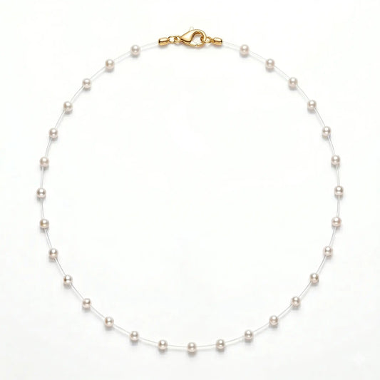 18K Gold Floating Mini Pearl Bridal Choker - Minimalist Invisible Chain Illusion Wedding Necklace for Brides