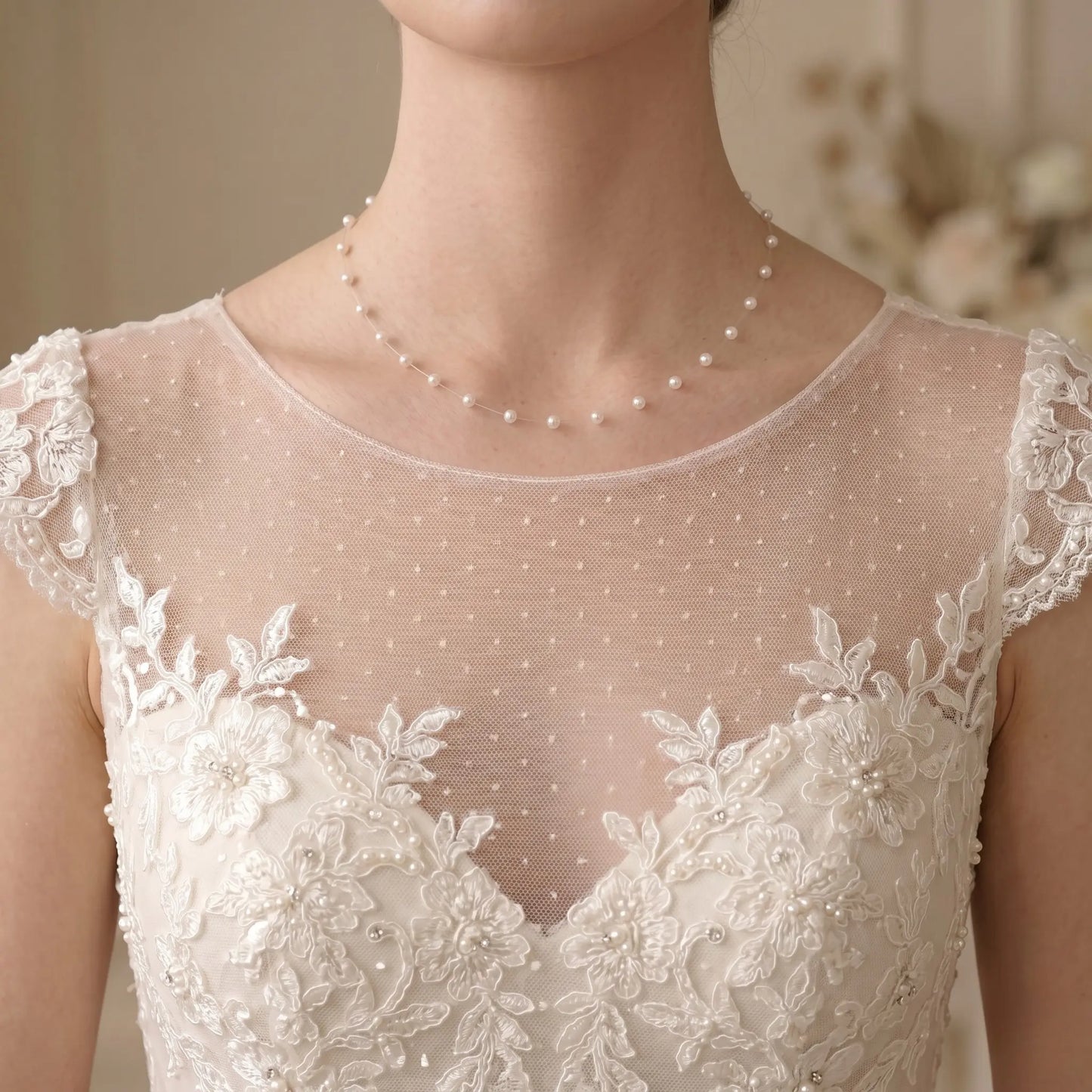 18K Gold Floating Mini Pearl Bridal Choker - Minimalist Invisible Chain Illusion Wedding Necklace for Brides