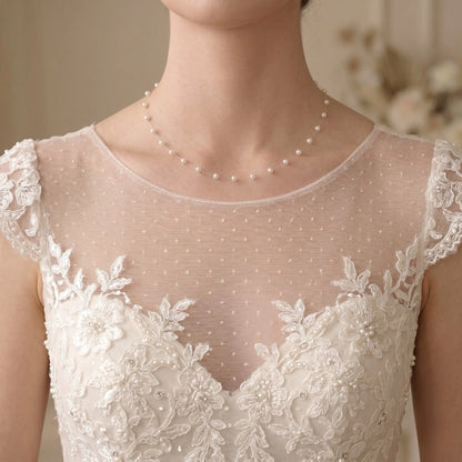 18K Gold Floating Mini Pearl Bridal Choker - Minimalist Invisible Chain Illusion Wedding Necklace for Brides