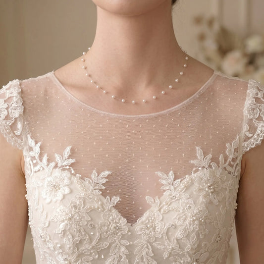 18K Gold Floating Mini Pearl Bridal Choker - Minimalist Invisible Chain Illusion Wedding Necklace for Brides