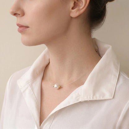 9-9.5mm 18K Solid Gold Floating Invisible Illusion Chain Pearl Necklace with Gold Beads