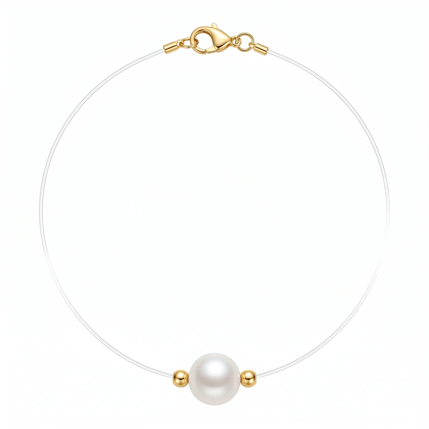 9-9.5mm 18K Solid Gold Floating Invisible Illusion Chain Pearl Necklace with Gold Beads