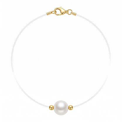 9-9.5mm 18K Solid Gold Floating Invisible Illusion Chain Pearl Necklace with Gold Beads