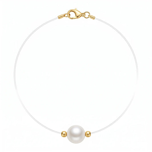 9-9.5mm 18K Solid Gold Floating Invisible Illusion Chain Pearl Necklace with Gold Beads