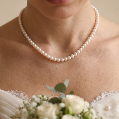 7-7.5mm 18K Gold Pearl Necklace Cultured Freshwater Pearl Choker for Bride Wedding