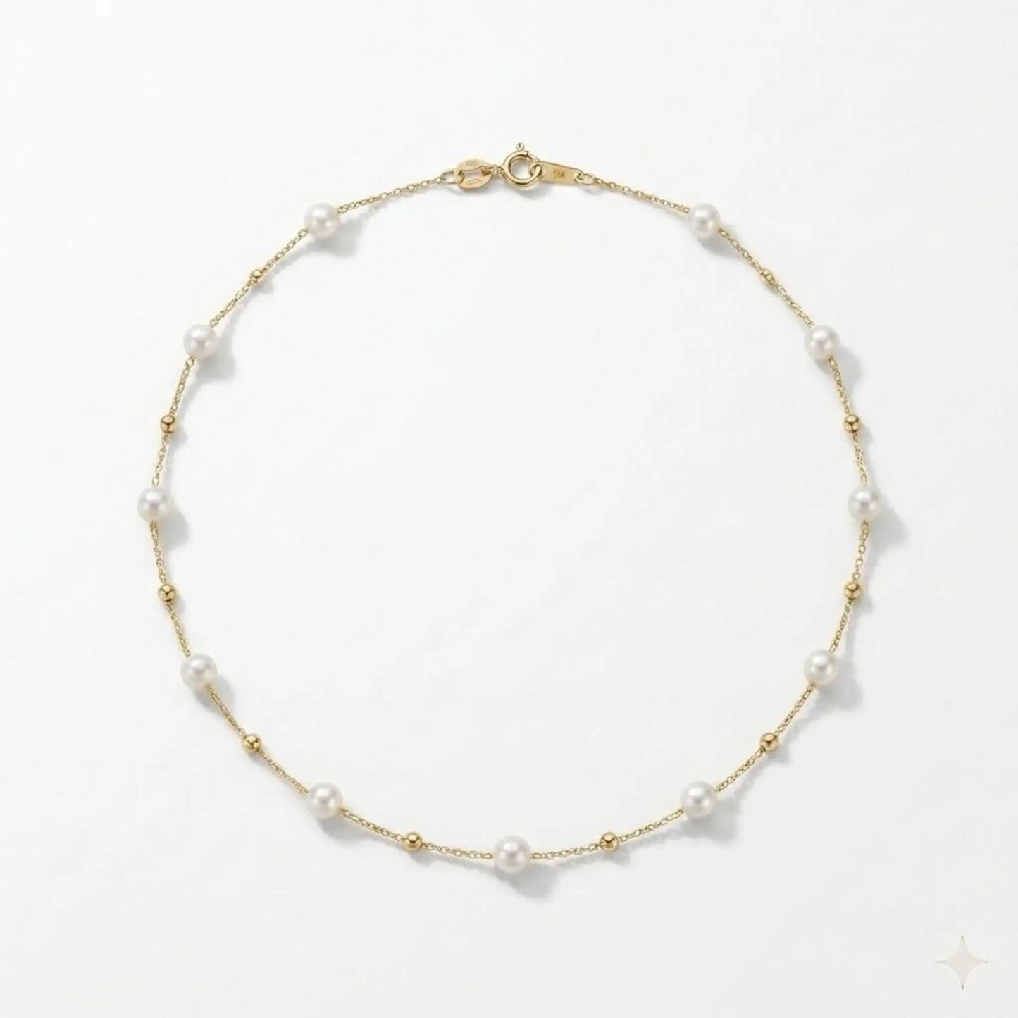 18K Solid Gold Freshwater Seed Mini Pearl Station Necklace, 3-3.5mm Genuine Pearl Choker for Women