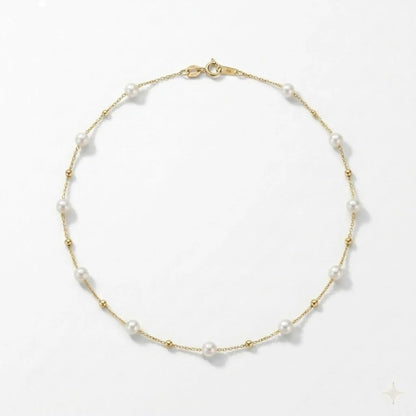 18K Solid Gold Freshwater Seed Mini Pearl Station Necklace, 3-3.5mm Genuine Pearl Choker for Women
