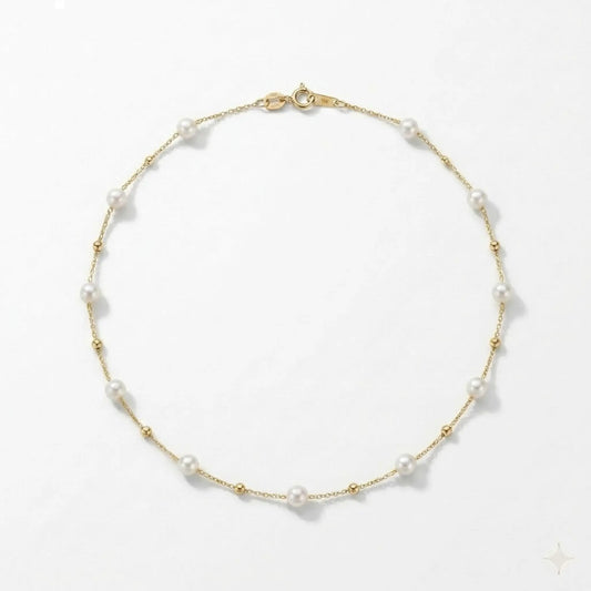 18K Solid Gold Freshwater Seed Mini Pearl Station Necklace, 3-3.5mm Genuine Pearl Choker for Women