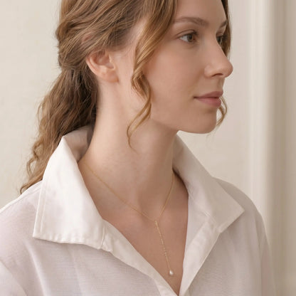 18K Solid Gold Tiny Rice Pearl Lariat Necklace