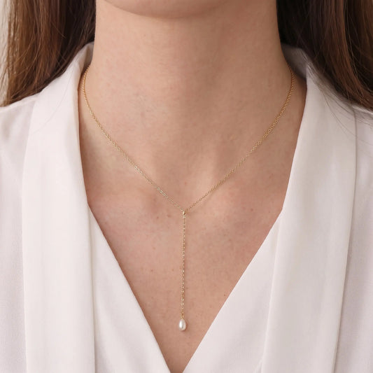 18K Solid Gold Tiny Rice Pearl Lariat Necklace