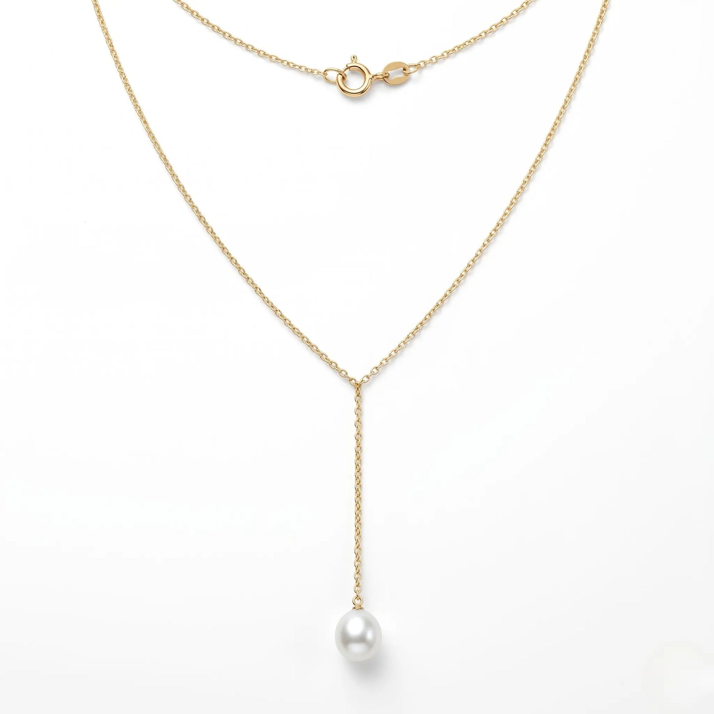 18K Solid Gold Tiny Rice Pearl Lariat Necklace