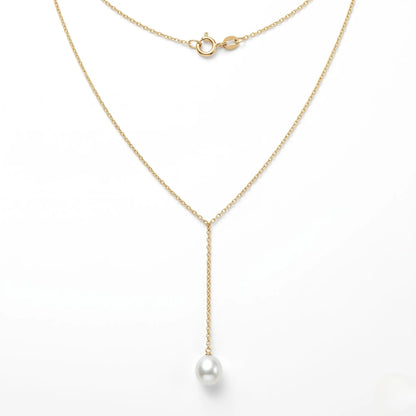 18K Solid Gold Tiny Rice Pearl Lariat Necklace