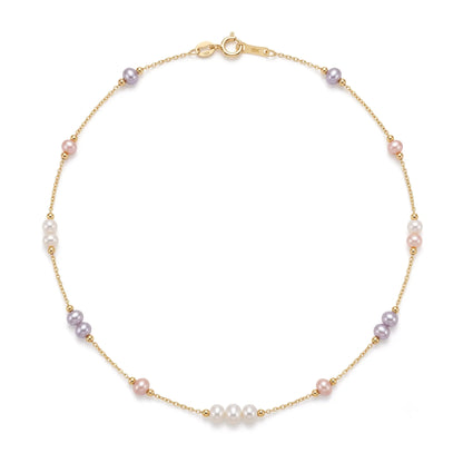 Solid 18K Gold Multicolor Freshwater Pearl Station Necklace for Women