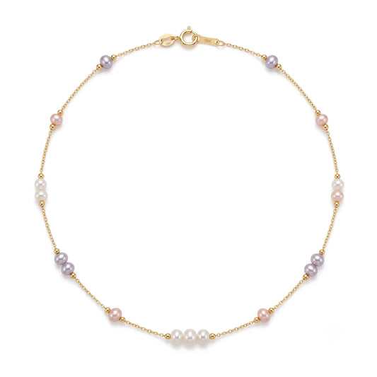 Solid 18K Gold Multicolor Freshwater Pearl Station Necklace for Women