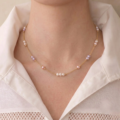 Solid 18K Gold Multicolor Freshwater Pearl Station Necklace for Women