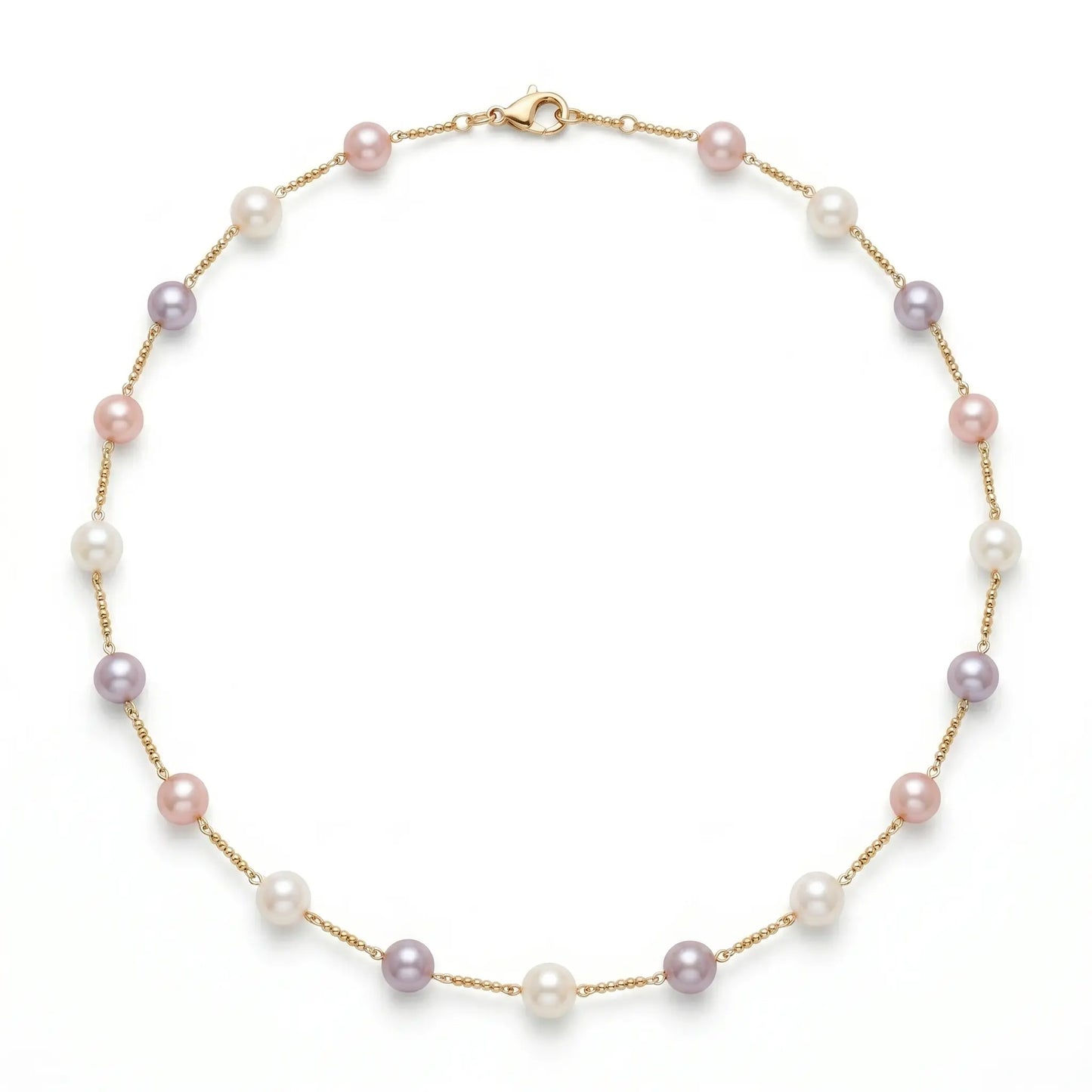 18K Gold Multi-Color Pearl Station Choker – Romantic White, Pink & Lavender Bridal Necklace for Brides and Bridesmaids (7-7.5mm)