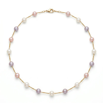 18K Gold Multi-Color Pearl Station Choker – Romantic White, Pink & Lavender Bridal Necklace for Brides and Bridesmaids (7-7.5mm)